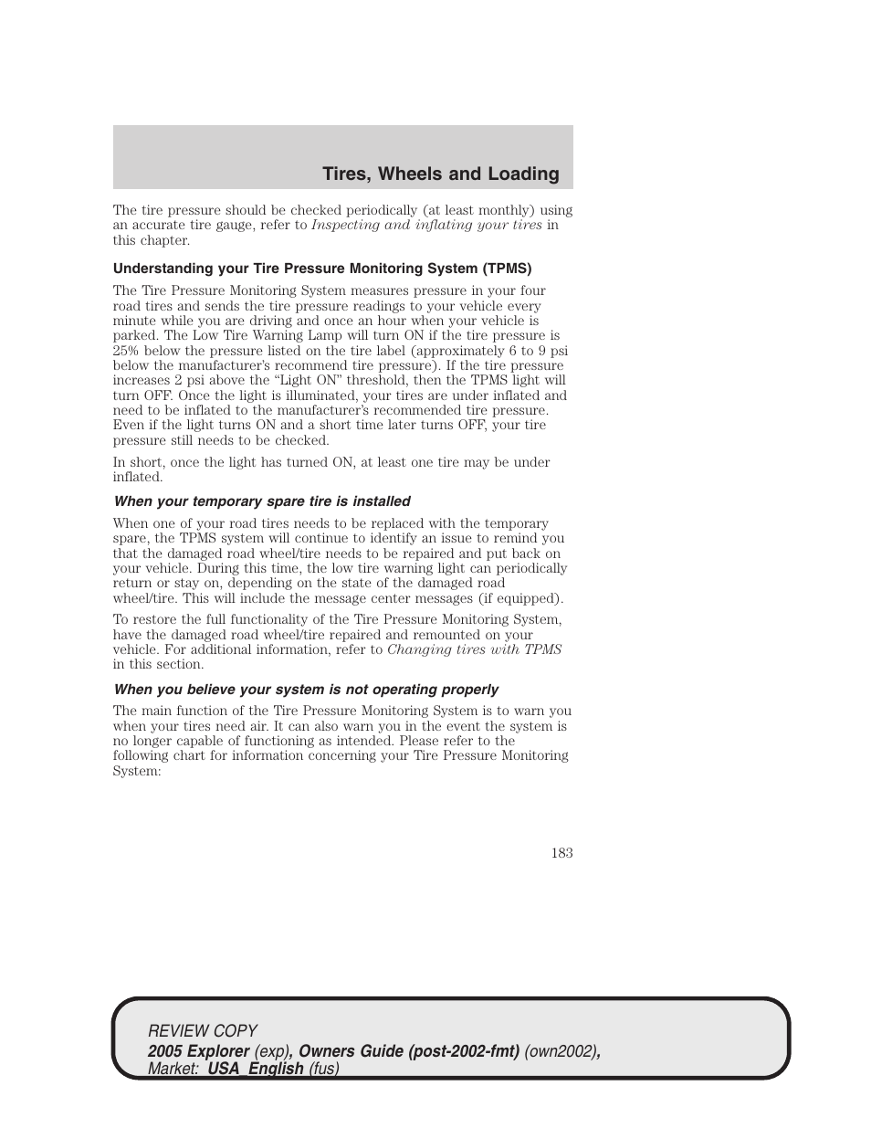 Tires, wheels and loading | FORD 2005 Explorer v.1 User Manual | Page 183 / 320