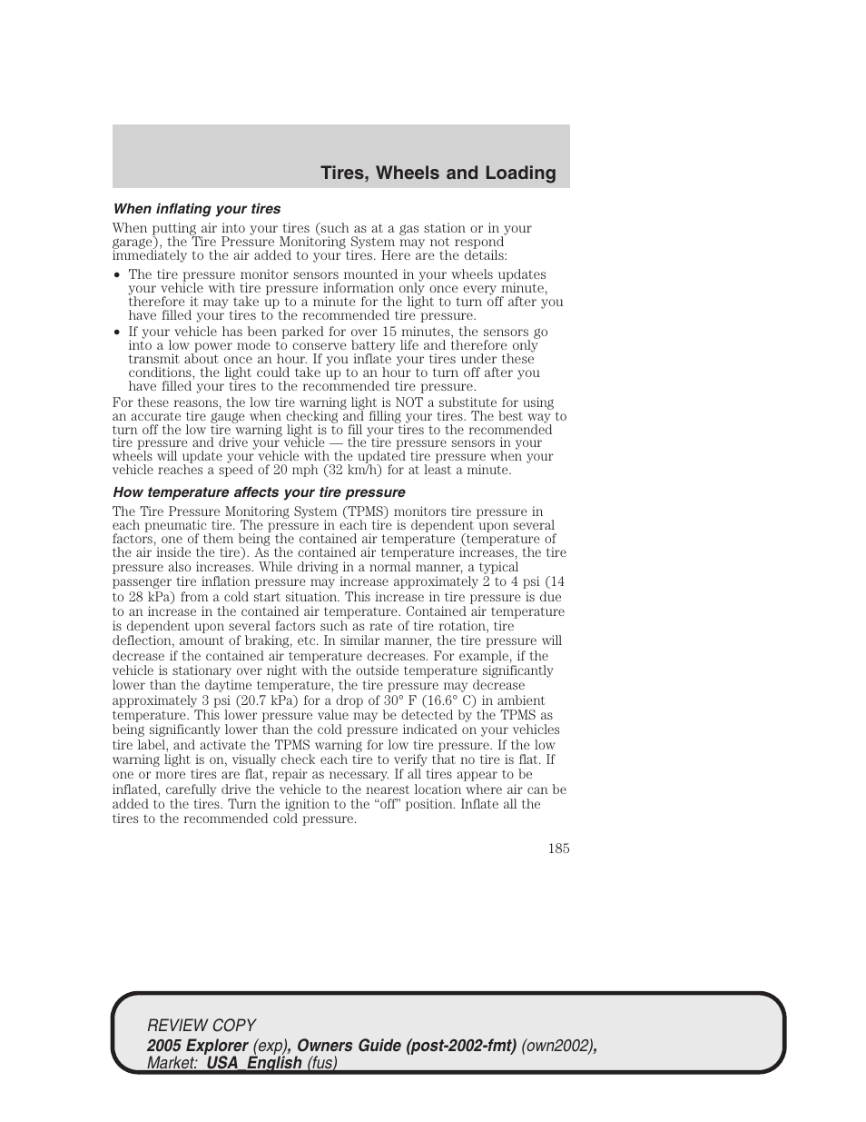 Tires, wheels and loading | FORD 2005 Explorer v.1 User Manual | Page 185 / 320