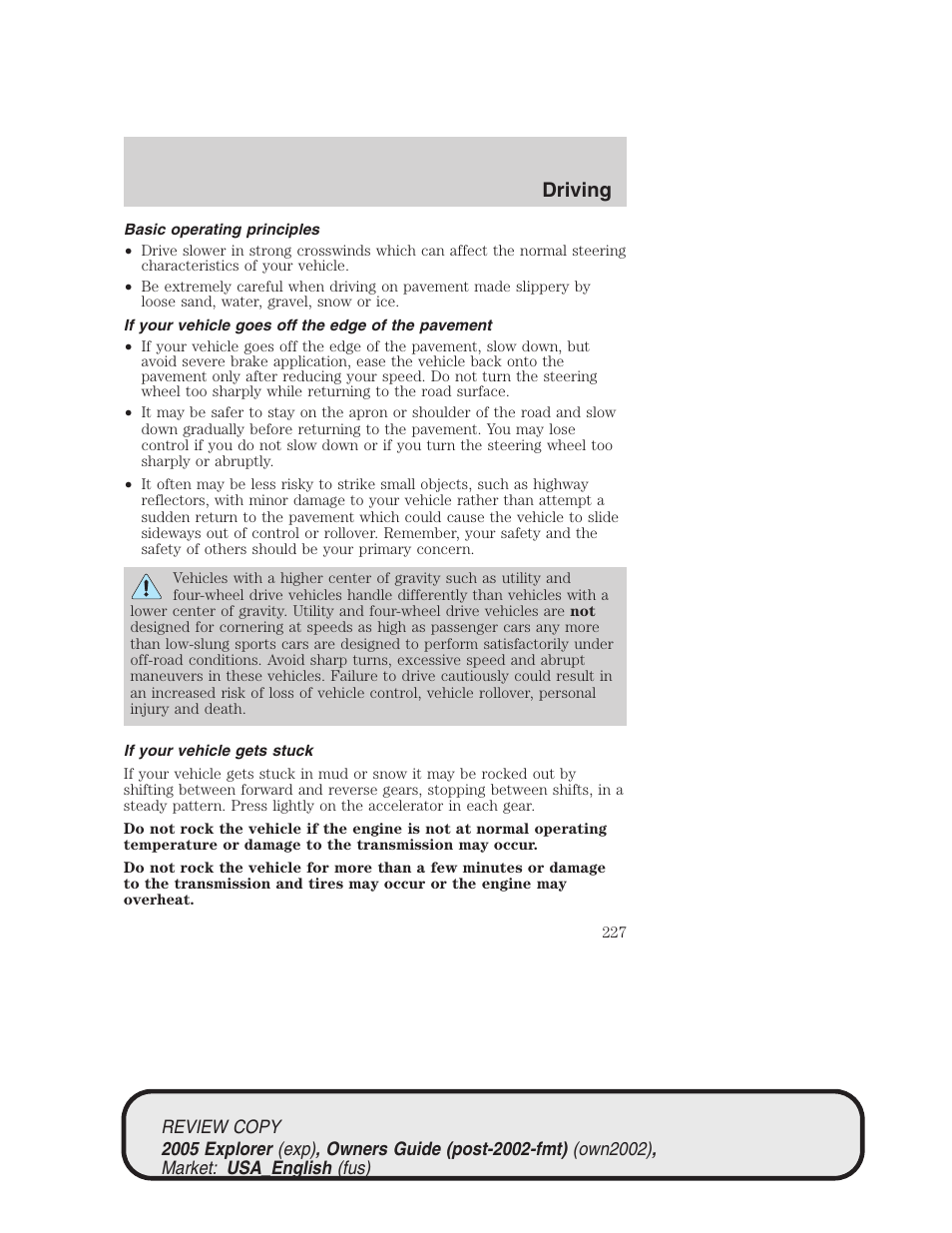 Driving | FORD 2005 Explorer v.1 User Manual | Page 227 / 320