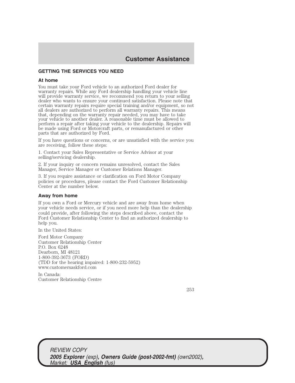 Customer assistance | FORD 2005 Explorer v.1 User Manual | Page 253 / 320