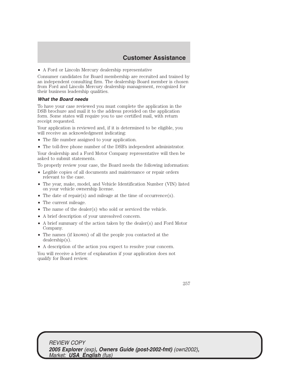 Customer assistance | FORD 2005 Explorer v.1 User Manual | Page 257 / 320