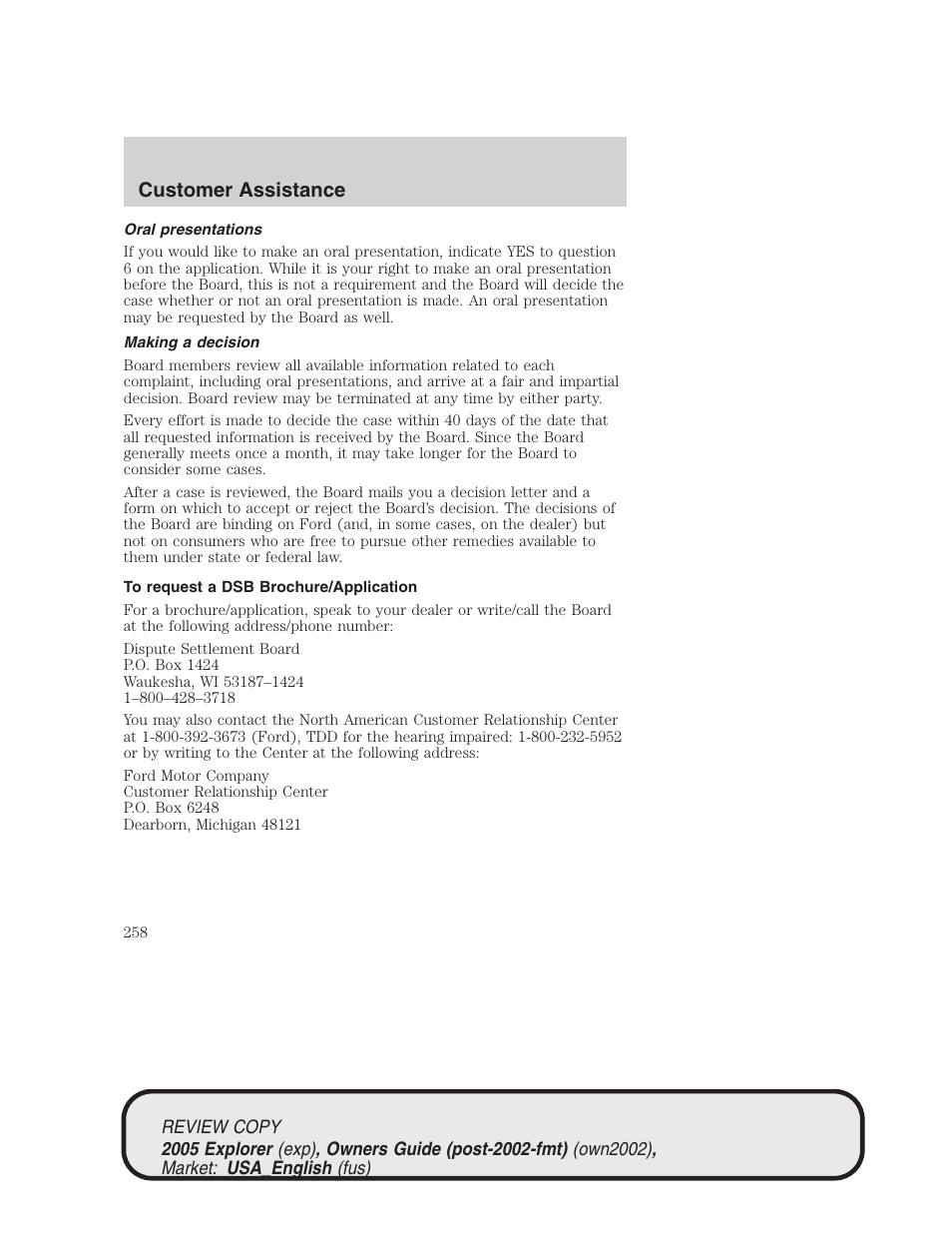 Customer assistance | FORD 2005 Explorer v.1 User Manual | Page 258 / 320