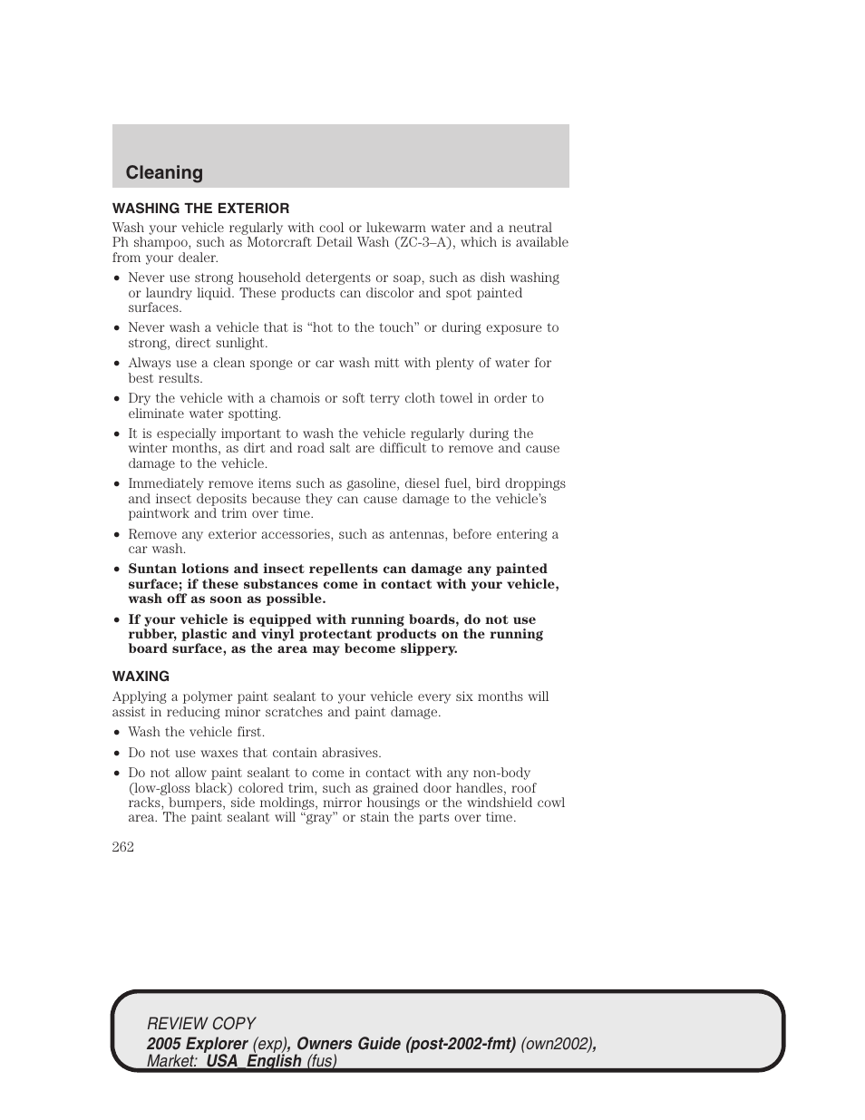Cleaning | FORD 2005 Explorer v.1 User Manual | Page 262 / 320