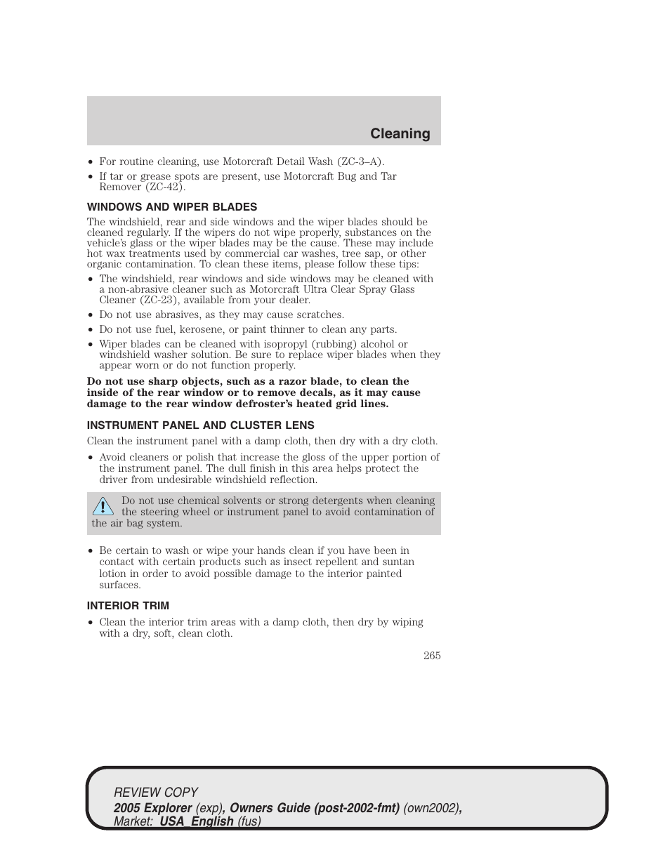 Cleaning | FORD 2005 Explorer v.1 User Manual | Page 265 / 320