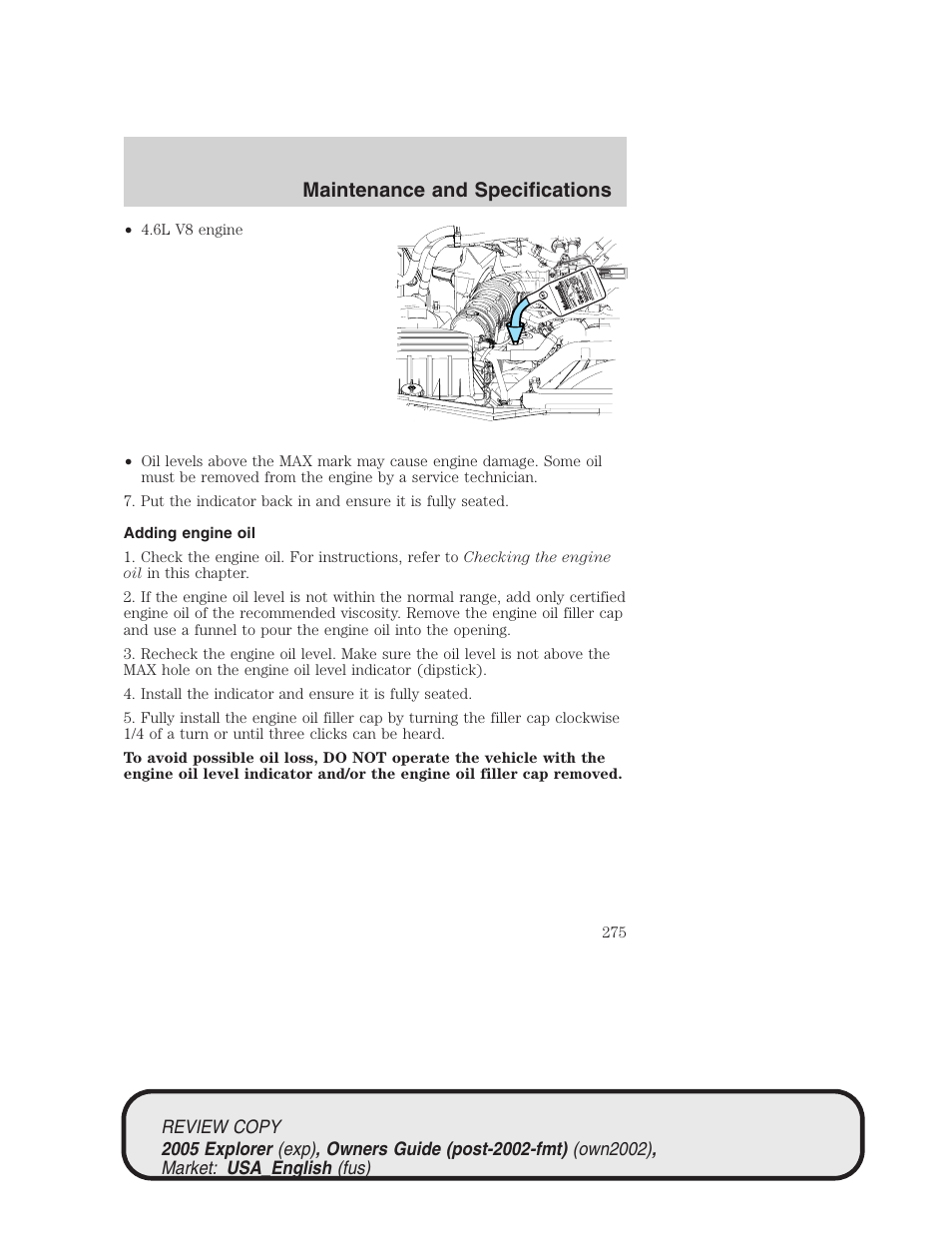 Maintenance and specifications | FORD 2005 Explorer v.1 User Manual | Page 275 / 320