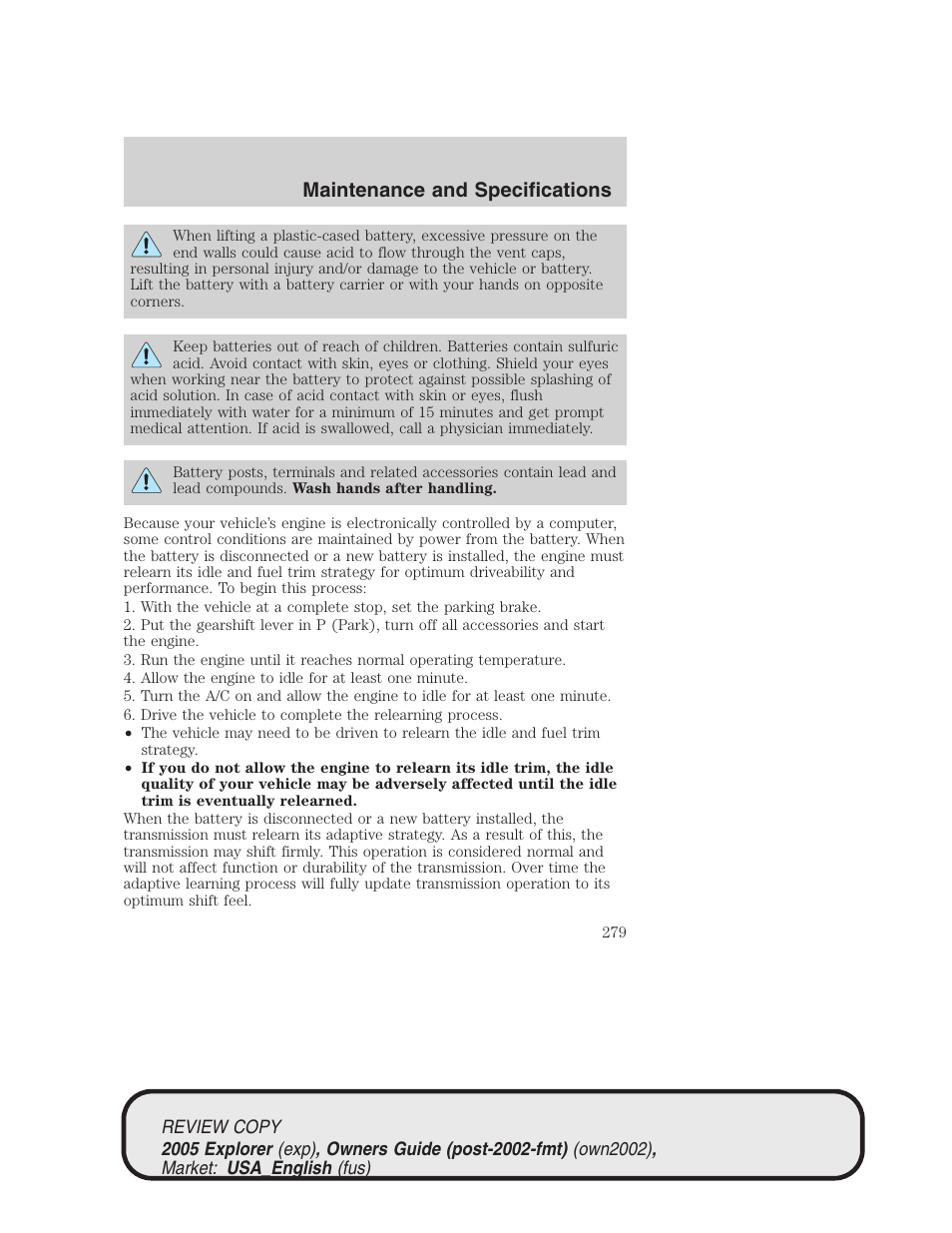 Maintenance and specifications | FORD 2005 Explorer v.1 User Manual | Page 279 / 320