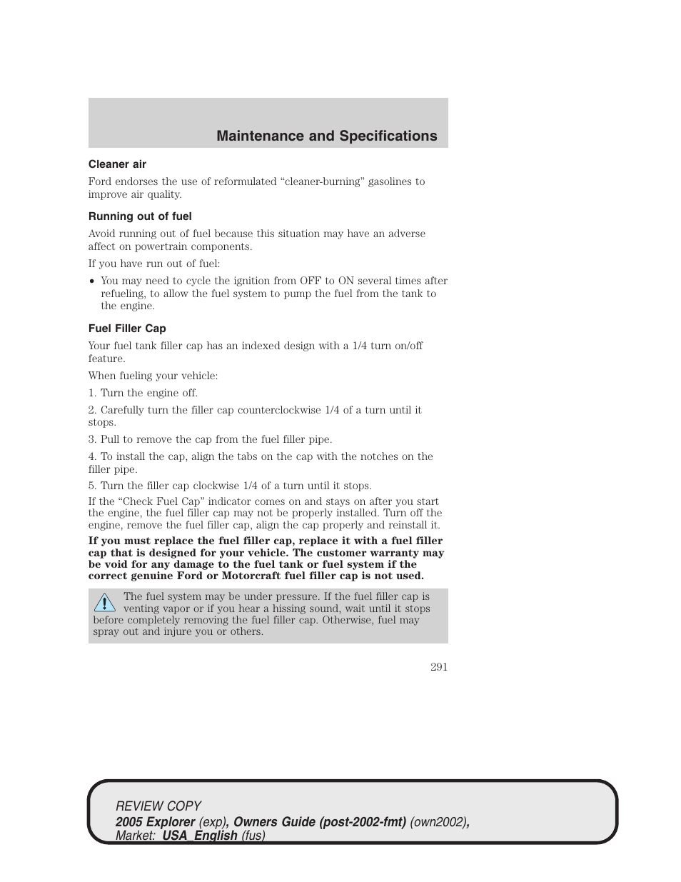 Maintenance and specifications | FORD 2005 Explorer v.1 User Manual | Page 291 / 320