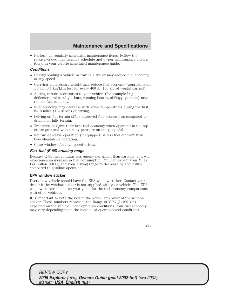 Maintenance and specifications | FORD 2005 Explorer v.1 User Manual | Page 295 / 320