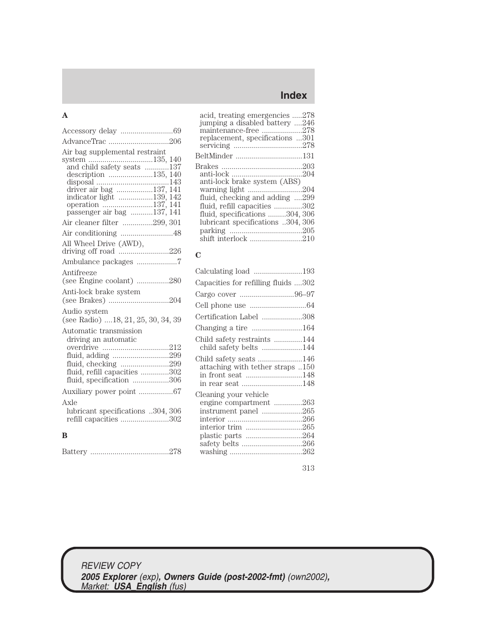 Index | FORD 2005 Explorer v.1 User Manual | Page 313 / 320