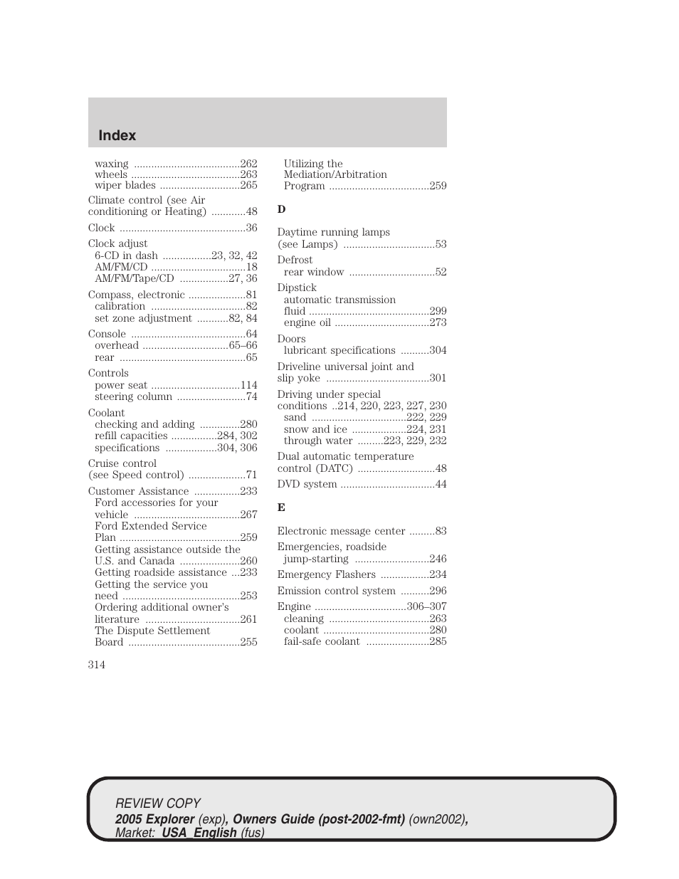 Index | FORD 2005 Explorer v.1 User Manual | Page 314 / 320