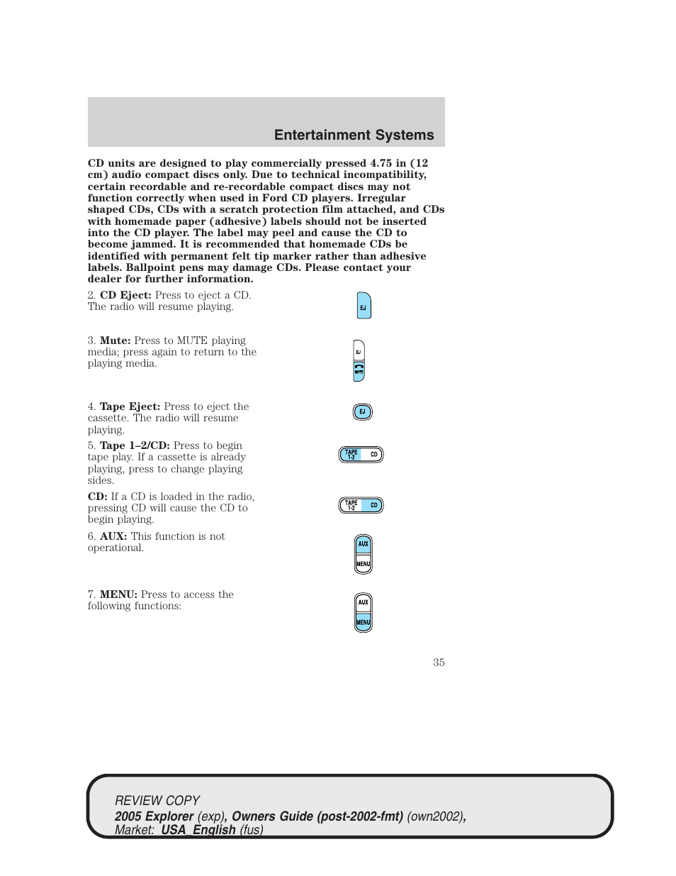 Entertainment systems | FORD 2005 Explorer v.1 User Manual | Page 35 / 320