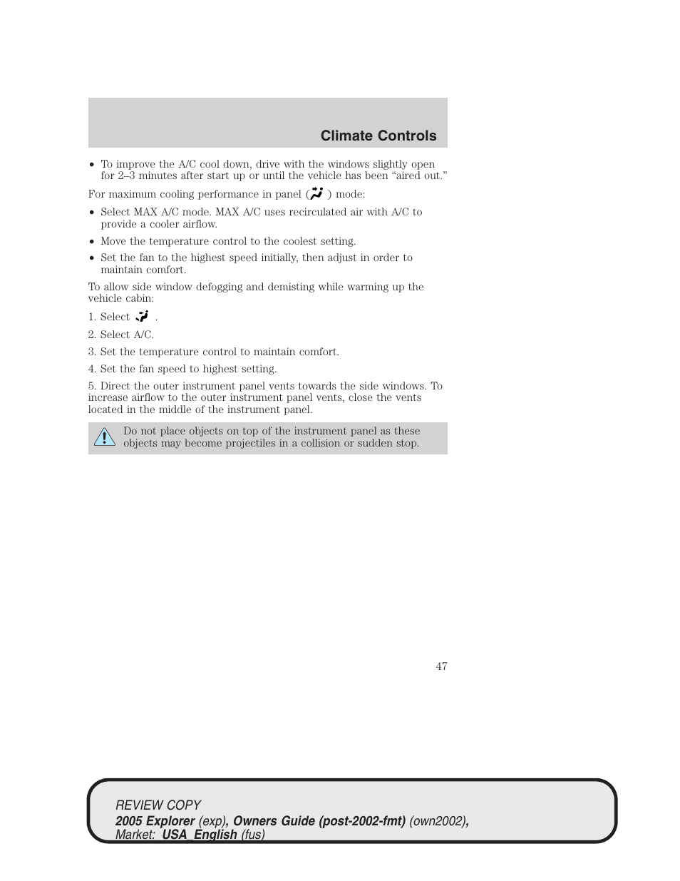 Climate controls | FORD 2005 Explorer v.1 User Manual | Page 47 / 320
