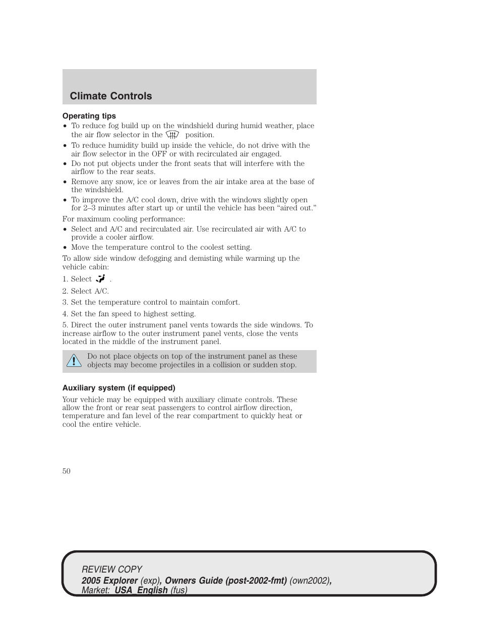 Climate controls | FORD 2005 Explorer v.1 User Manual | Page 50 / 320