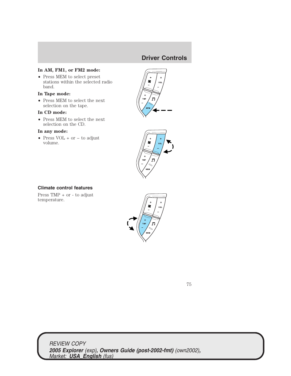 Driver controls | FORD 2005 Explorer v.1 User Manual | Page 75 / 320