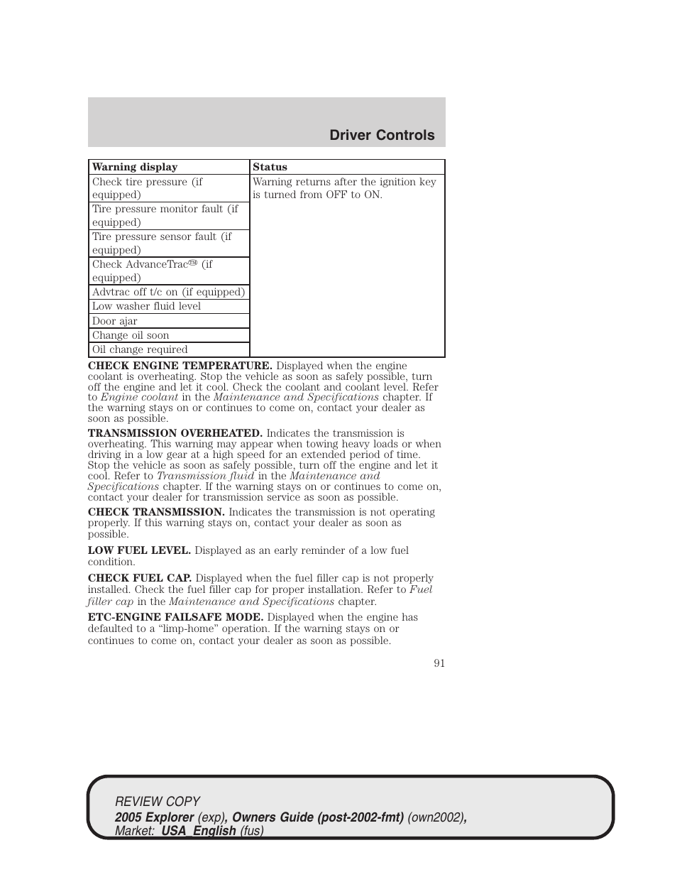 Driver controls | FORD 2005 Explorer v.1 User Manual | Page 91 / 320