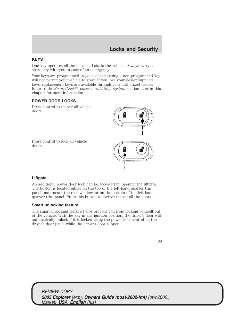 Locks and security | FORD 2005 Explorer v.1 User Manual | Page 99 / 320