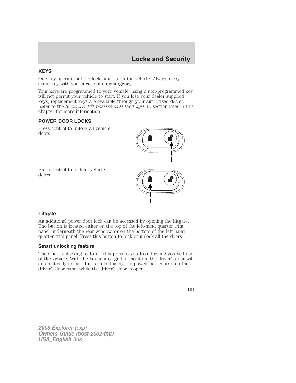 Locks and security | FORD 2005 Explorer v.2 User Manual | Page 101 / 320