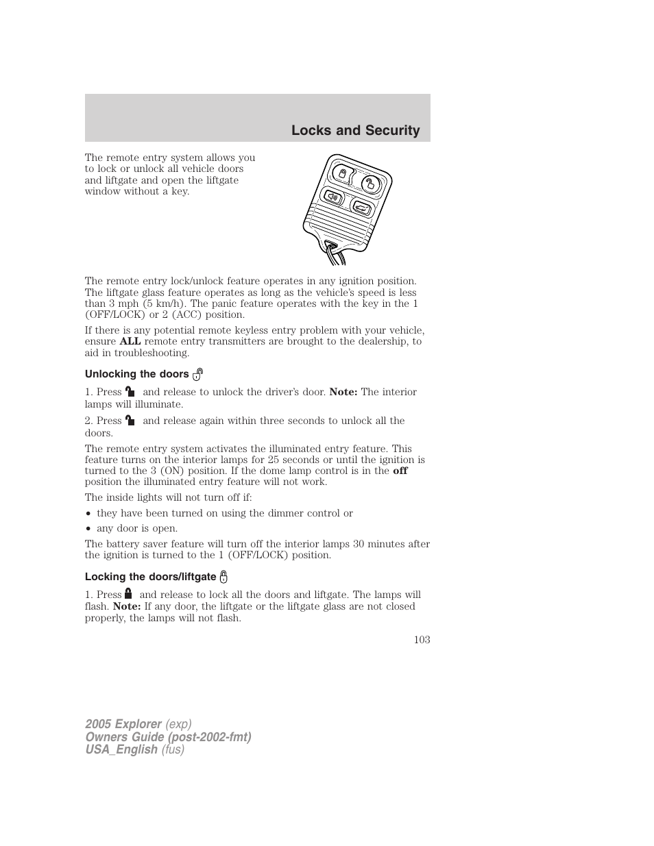 Locks and security | FORD 2005 Explorer v.2 User Manual | Page 103 / 320
