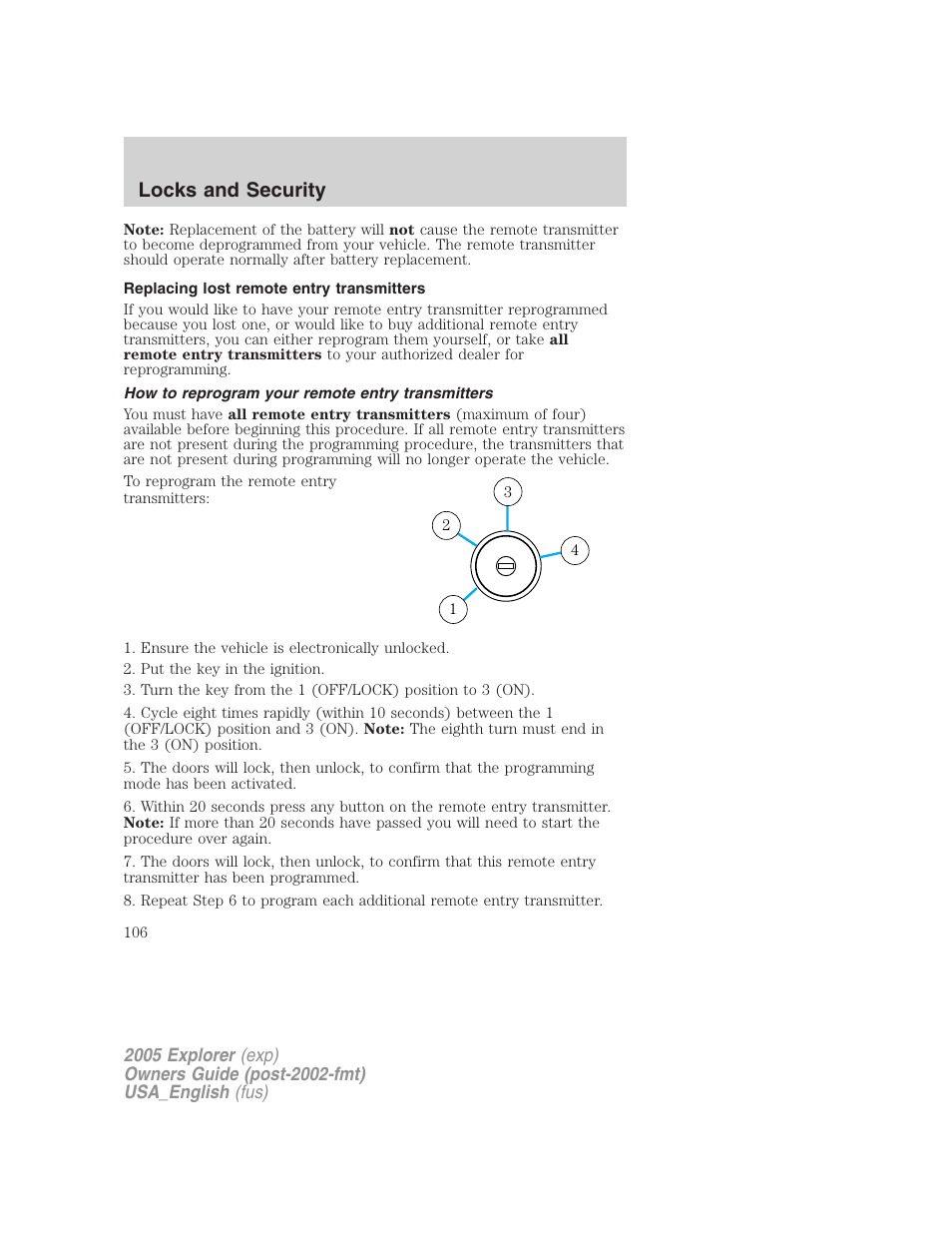 Locks and security | FORD 2005 Explorer v.2 User Manual | Page 106 / 320
