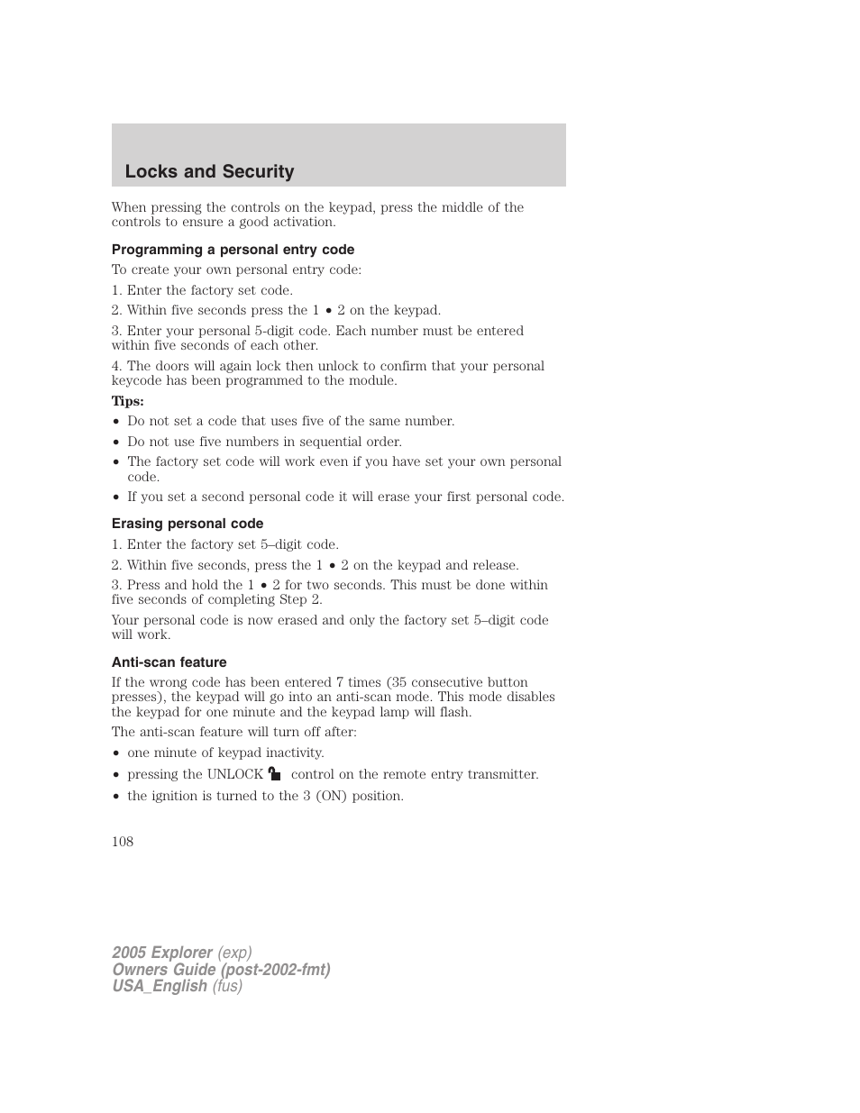 Locks and security | FORD 2005 Explorer v.2 User Manual | Page 108 / 320