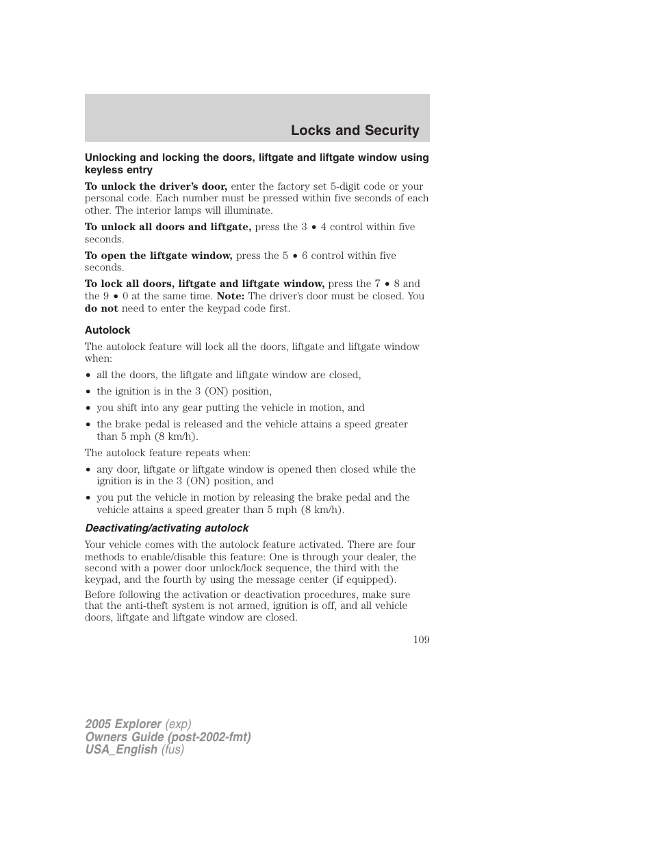 Locks and security | FORD 2005 Explorer v.2 User Manual | Page 109 / 320