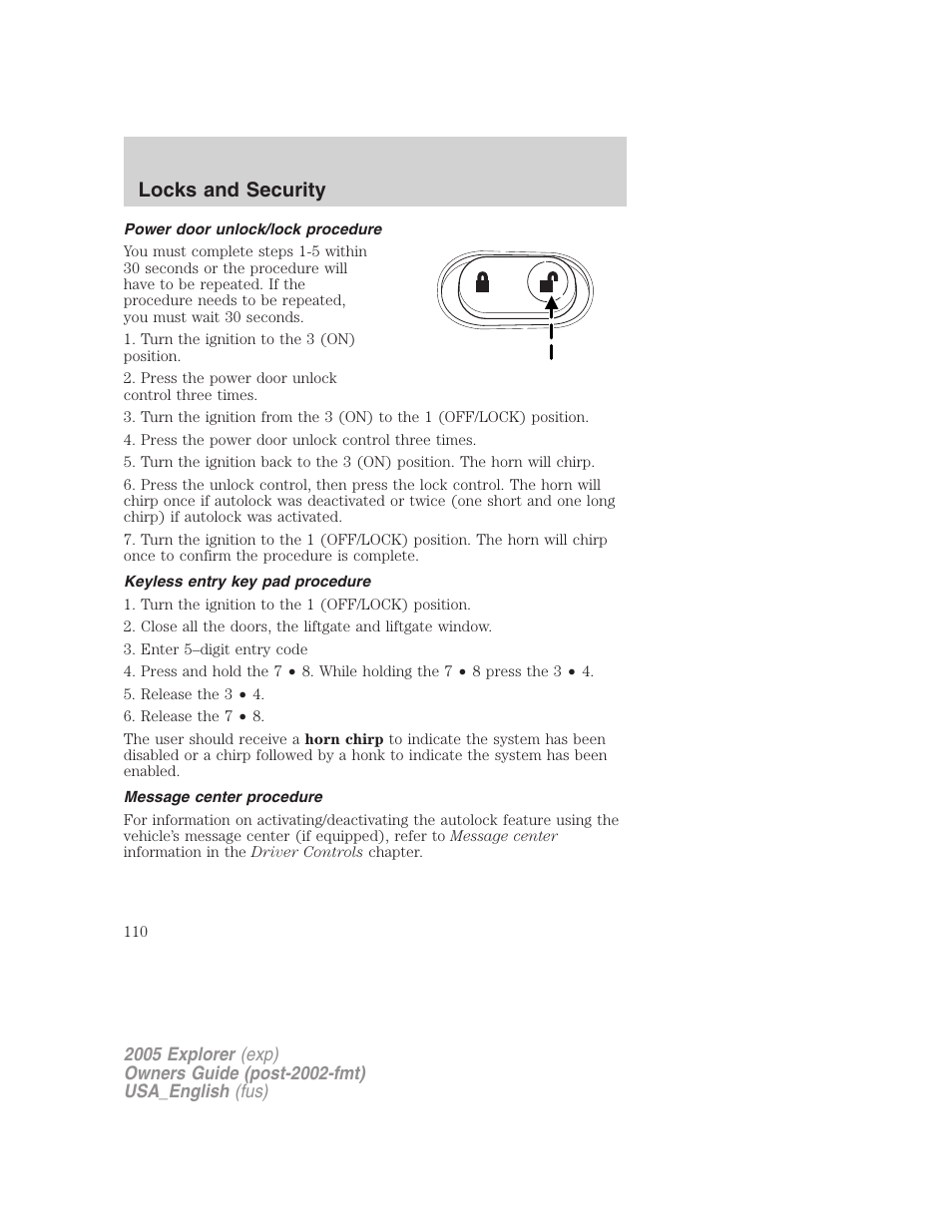 Locks and security | FORD 2005 Explorer v.2 User Manual | Page 110 / 320