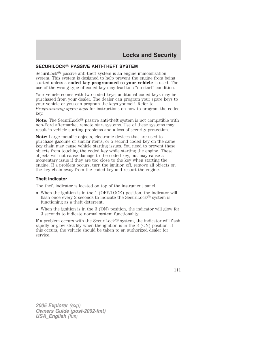 Locks and security | FORD 2005 Explorer v.2 User Manual | Page 111 / 320
