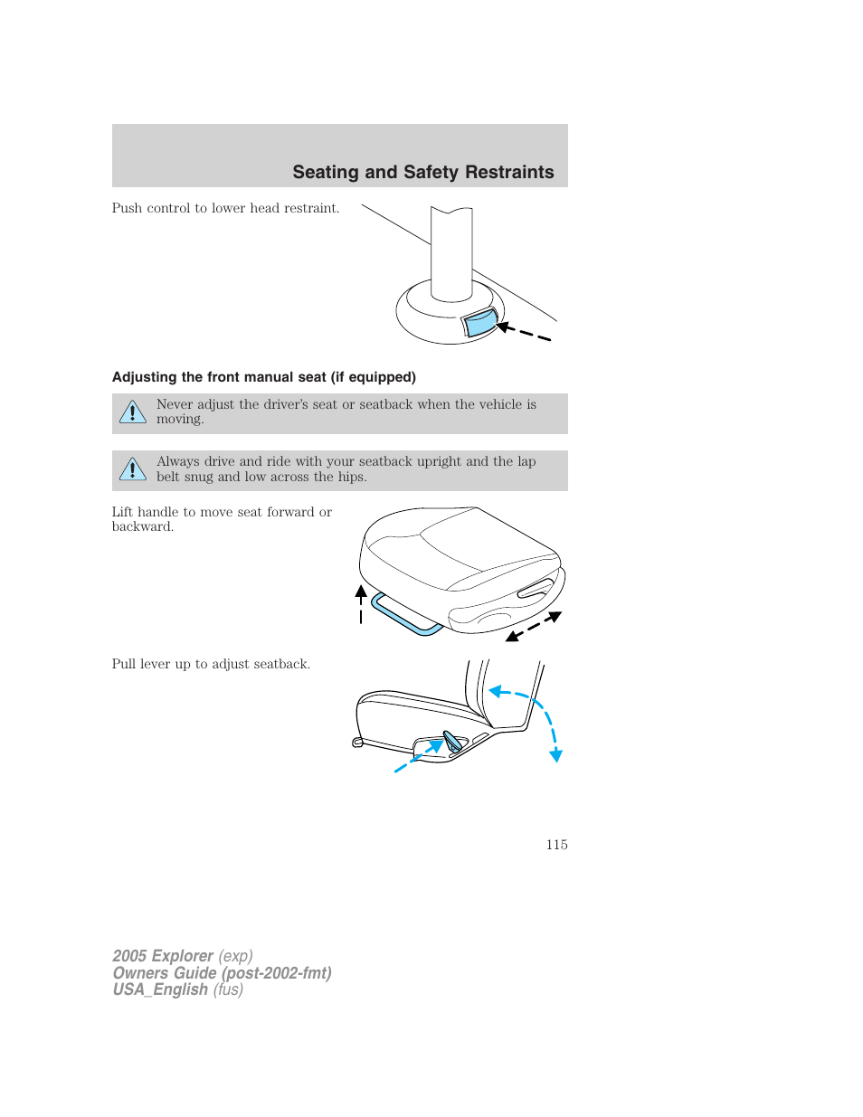 Seating and safety restraints | FORD 2005 Explorer v.2 User Manual | Page 115 / 320