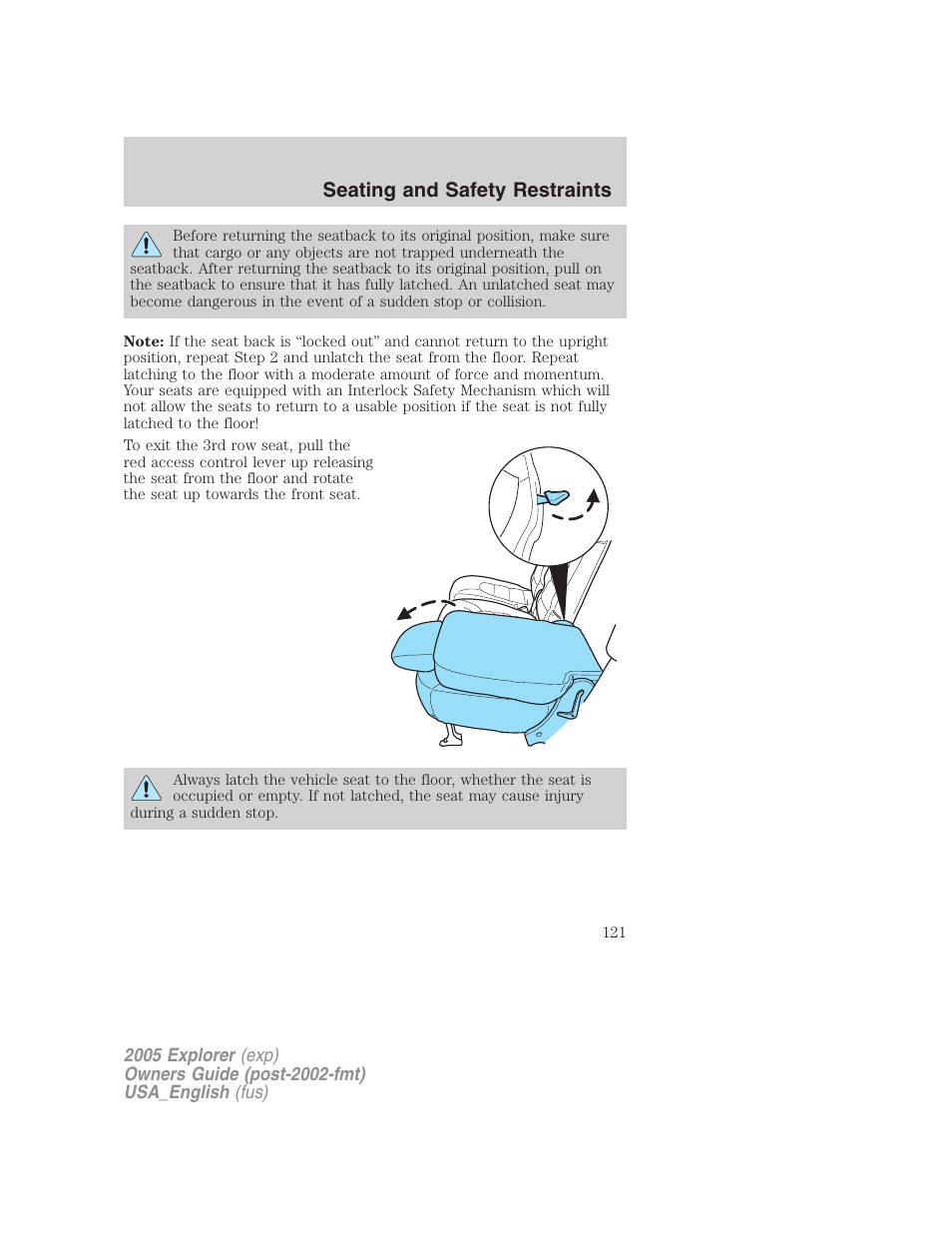 Seating and safety restraints | FORD 2005 Explorer v.2 User Manual | Page 121 / 320