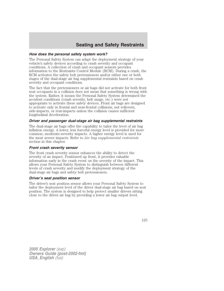 Seating and safety restraints | FORD 2005 Explorer v.2 User Manual | Page 125 / 320