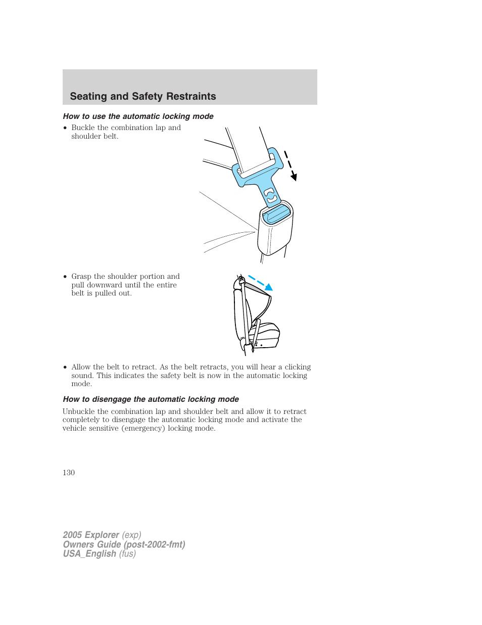 Seating and safety restraints | FORD 2005 Explorer v.2 User Manual | Page 130 / 320