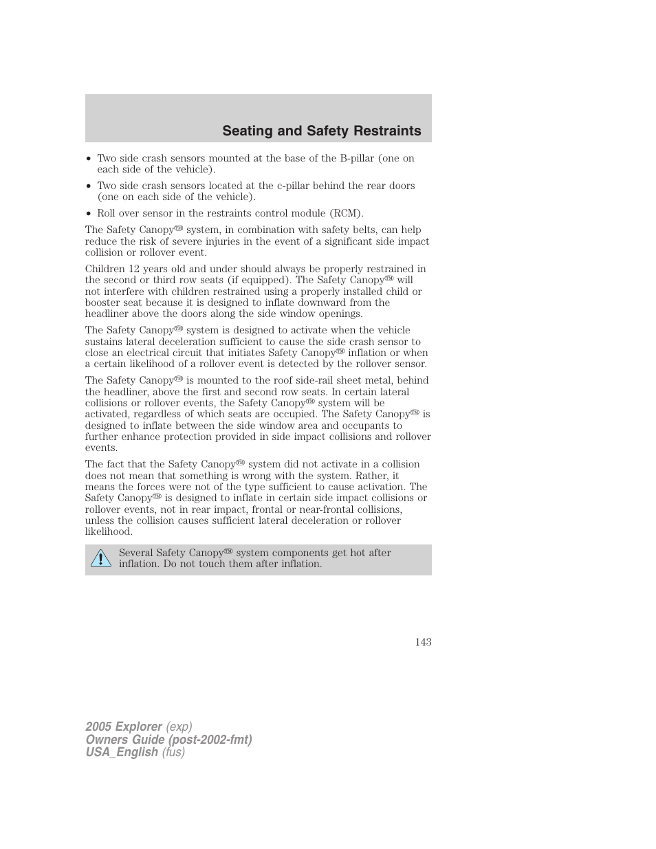 Seating and safety restraints | FORD 2005 Explorer v.2 User Manual | Page 143 / 320