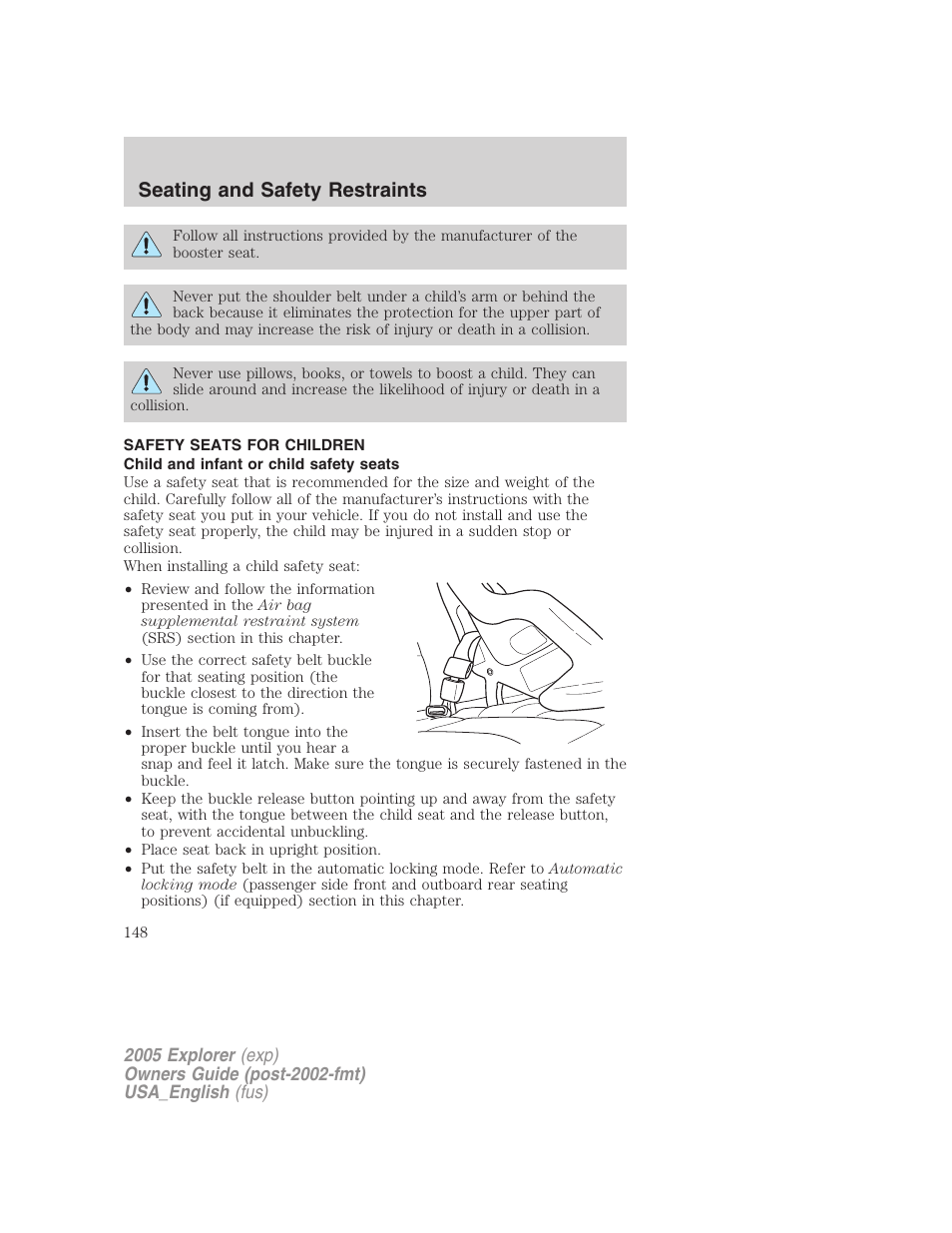 Seating and safety restraints | FORD 2005 Explorer v.2 User Manual | Page 148 / 320