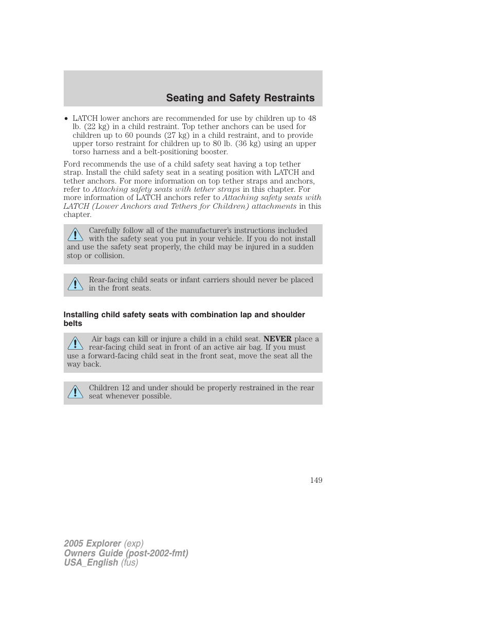 Seating and safety restraints | FORD 2005 Explorer v.2 User Manual | Page 149 / 320