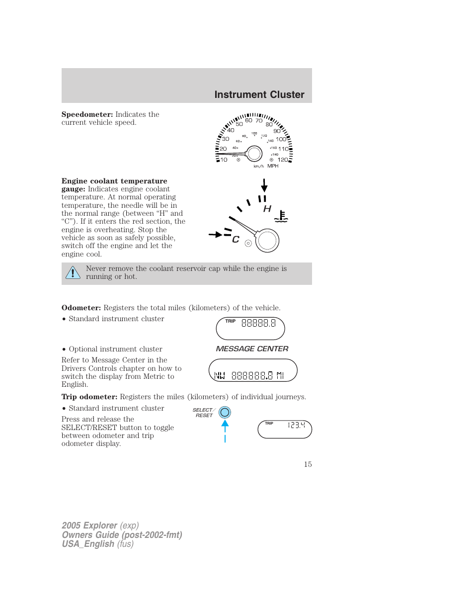 Instrument cluster | FORD 2005 Explorer v.2 User Manual | Page 15 / 320