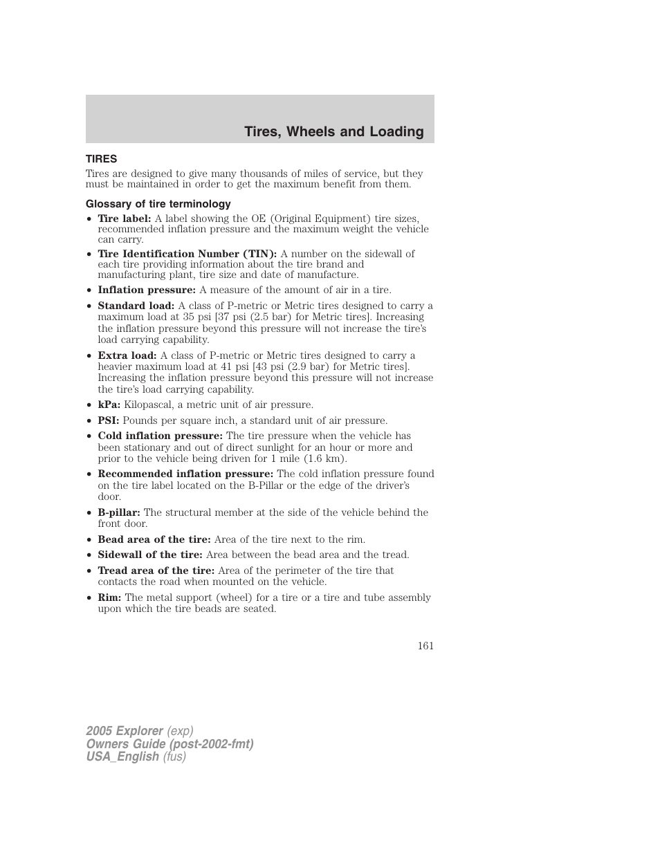 Tires, wheels and loading | FORD 2005 Explorer v.2 User Manual | Page 161 / 320