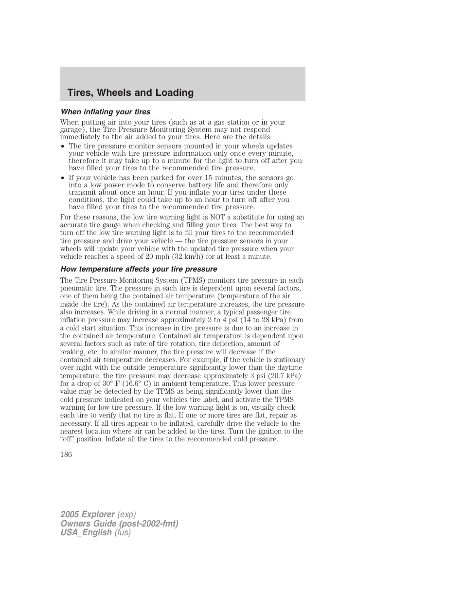 Tires, wheels and loading | FORD 2005 Explorer v.2 User Manual | Page 186 / 320