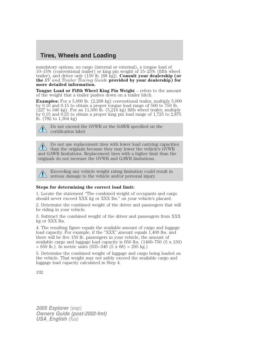 Tires, wheels and loading | FORD 2005 Explorer v.2 User Manual | Page 192 / 320