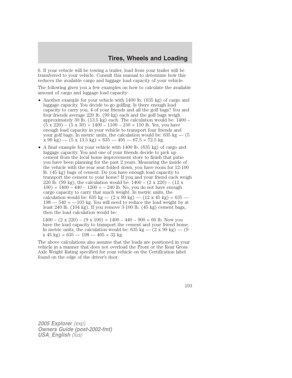 Tires, wheels and loading | FORD 2005 Explorer v.2 User Manual | Page 193 / 320