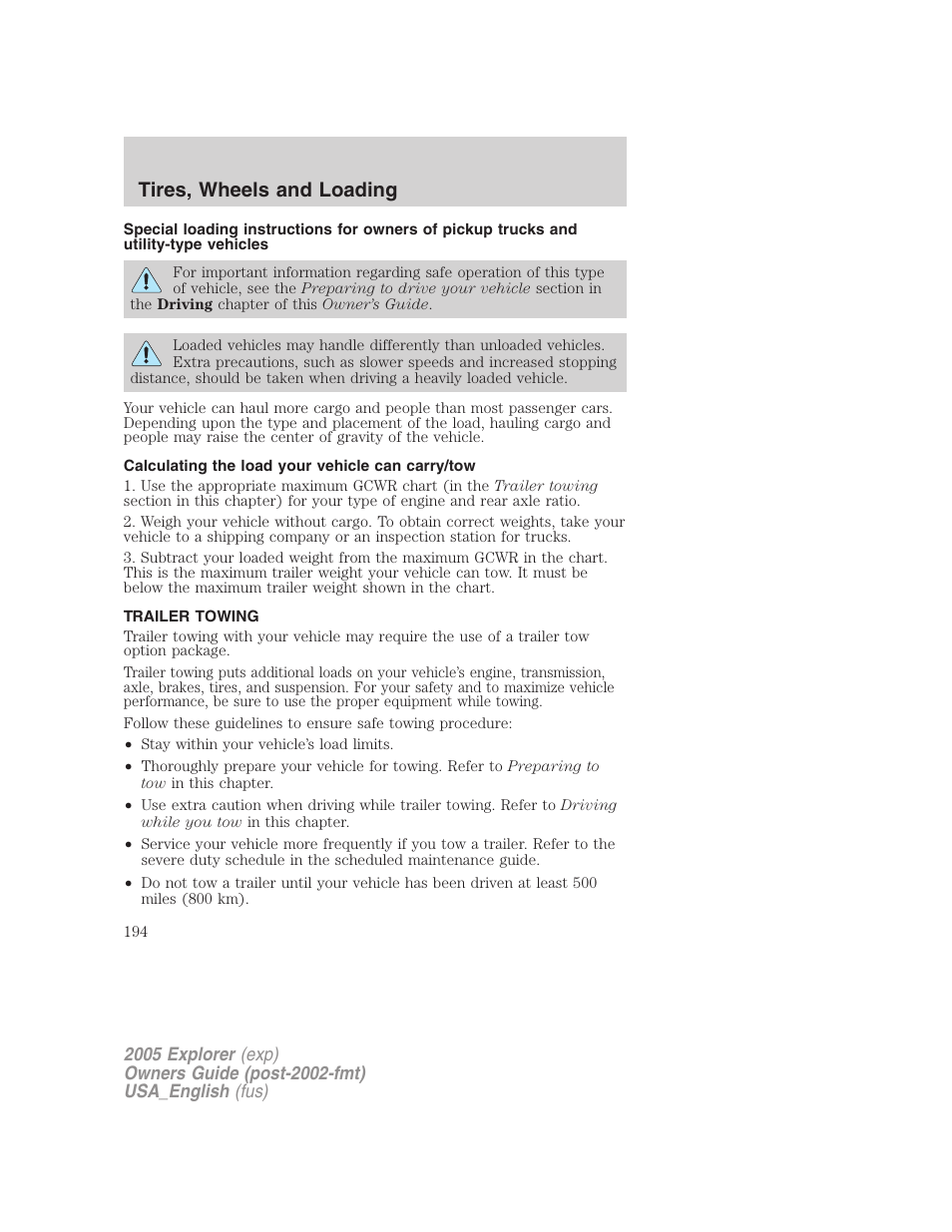 Tires, wheels and loading | FORD 2005 Explorer v.2 User Manual | Page 194 / 320