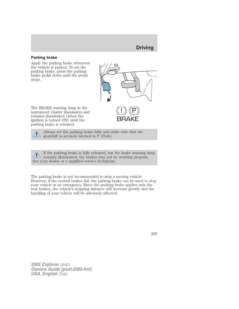P! brake | FORD 2005 Explorer v.2 User Manual | Page 205 / 320