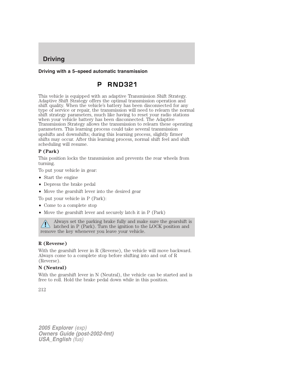 Driving | FORD 2005 Explorer v.2 User Manual | Page 212 / 320