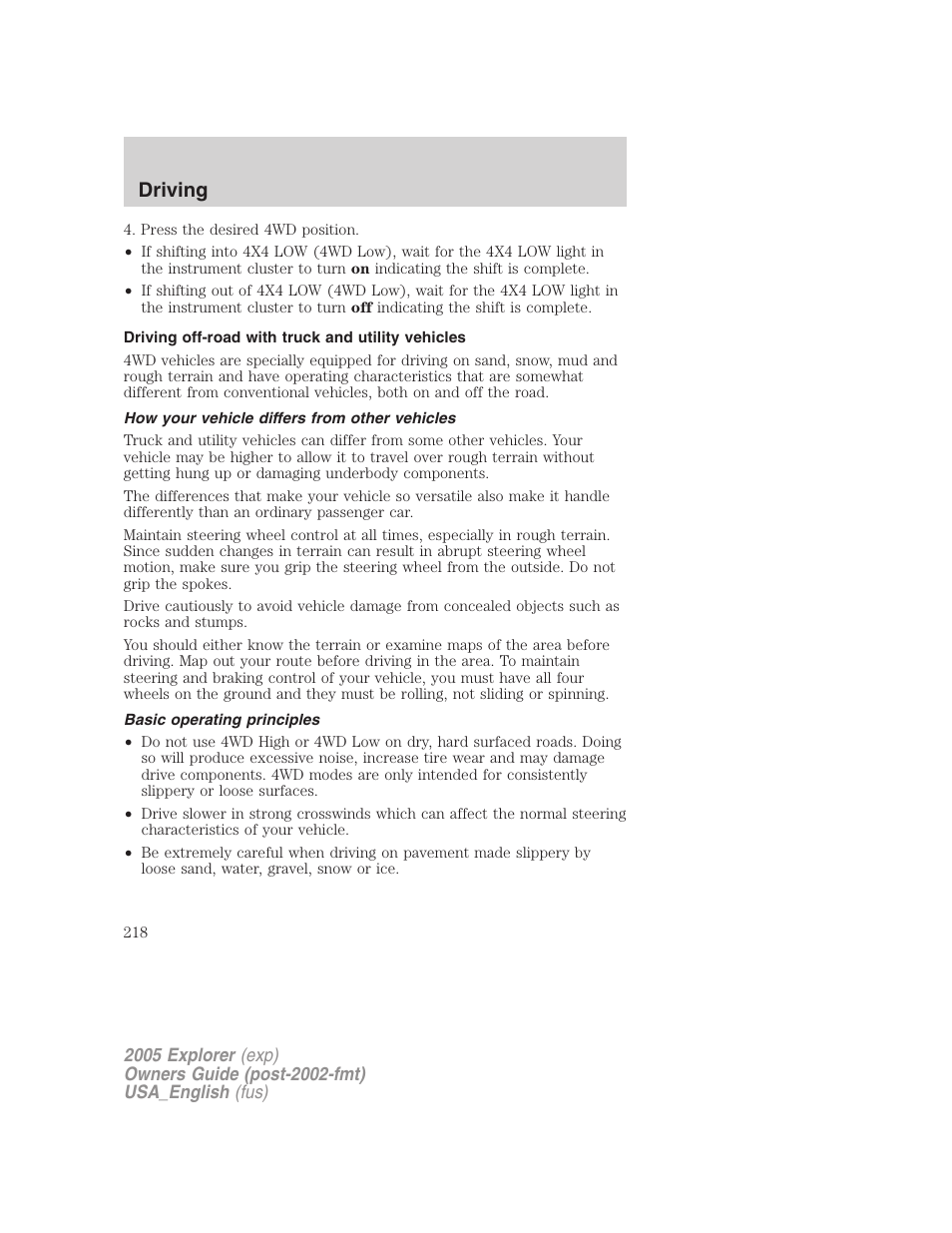 Driving | FORD 2005 Explorer v.2 User Manual | Page 218 / 320