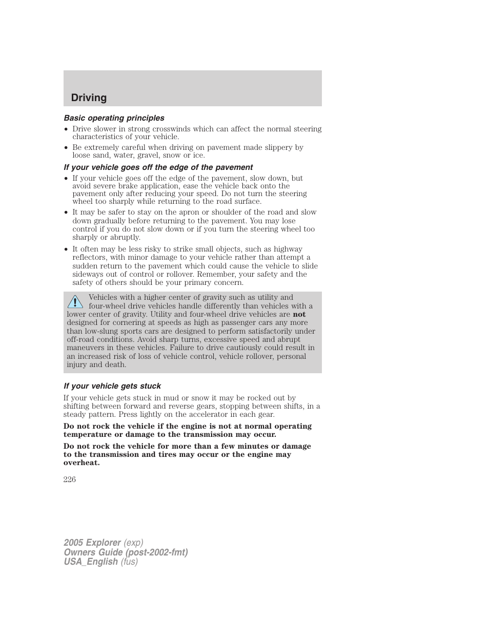 Driving | FORD 2005 Explorer v.2 User Manual | Page 226 / 320