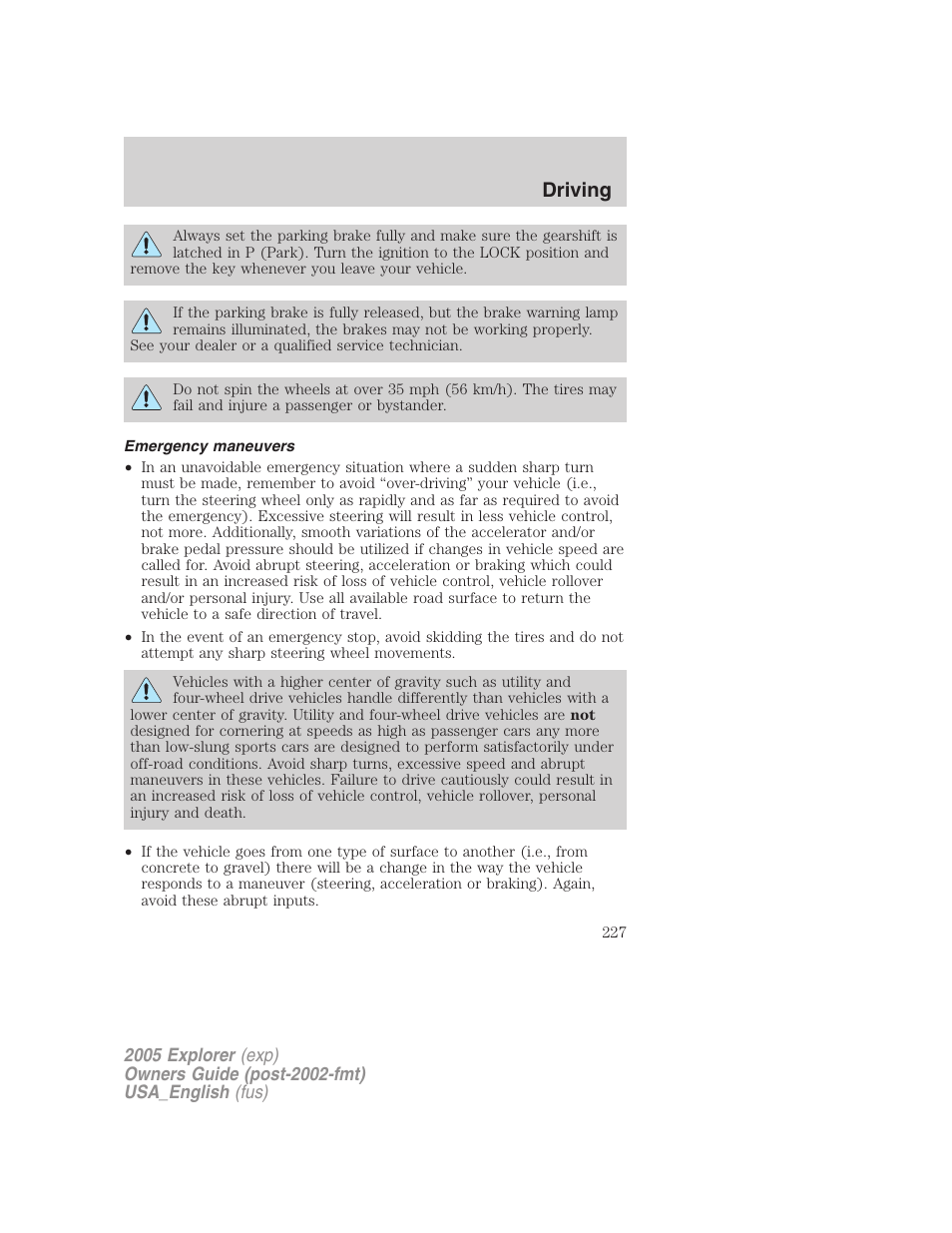 Driving | FORD 2005 Explorer v.2 User Manual | Page 227 / 320