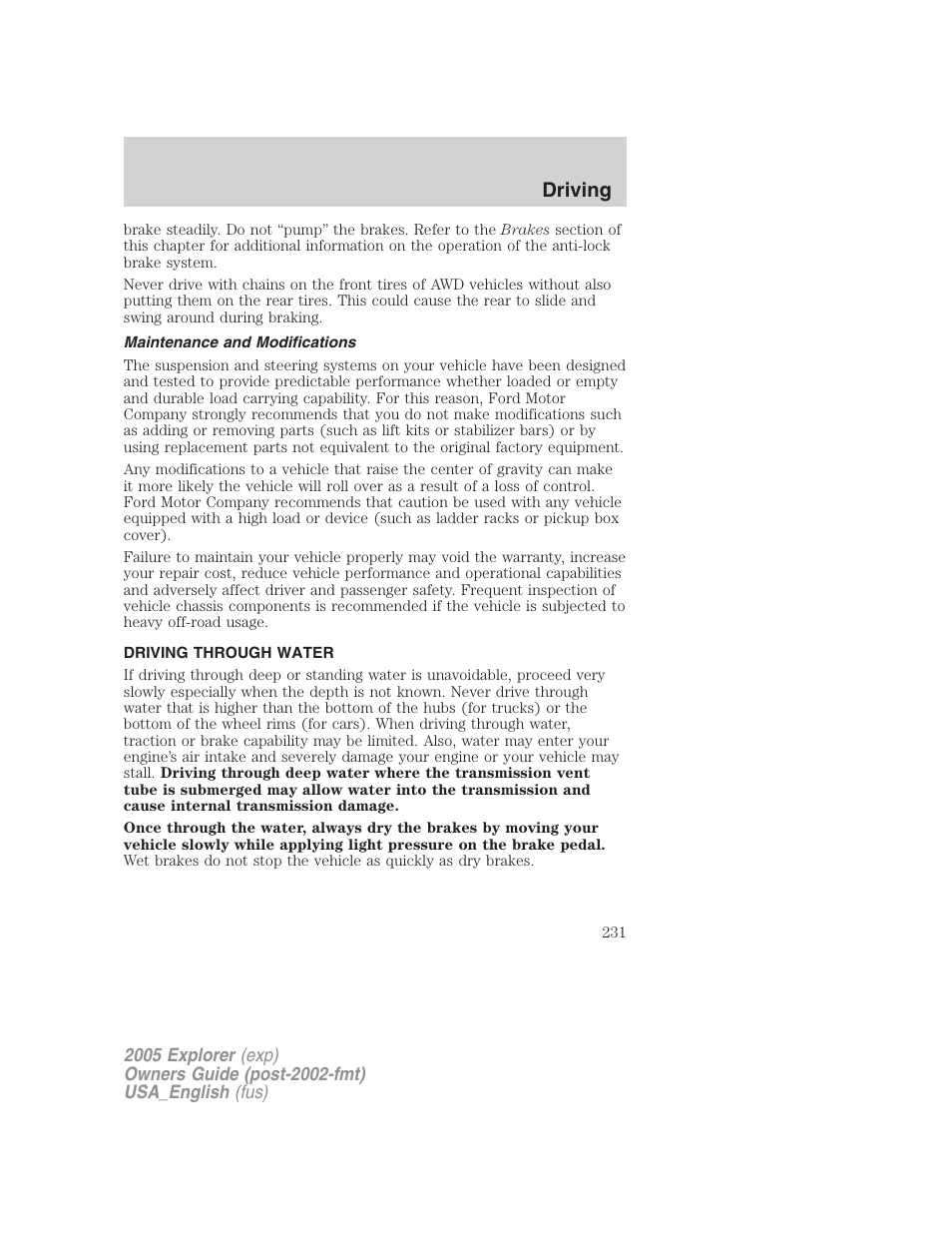 Driving | FORD 2005 Explorer v.2 User Manual | Page 231 / 320