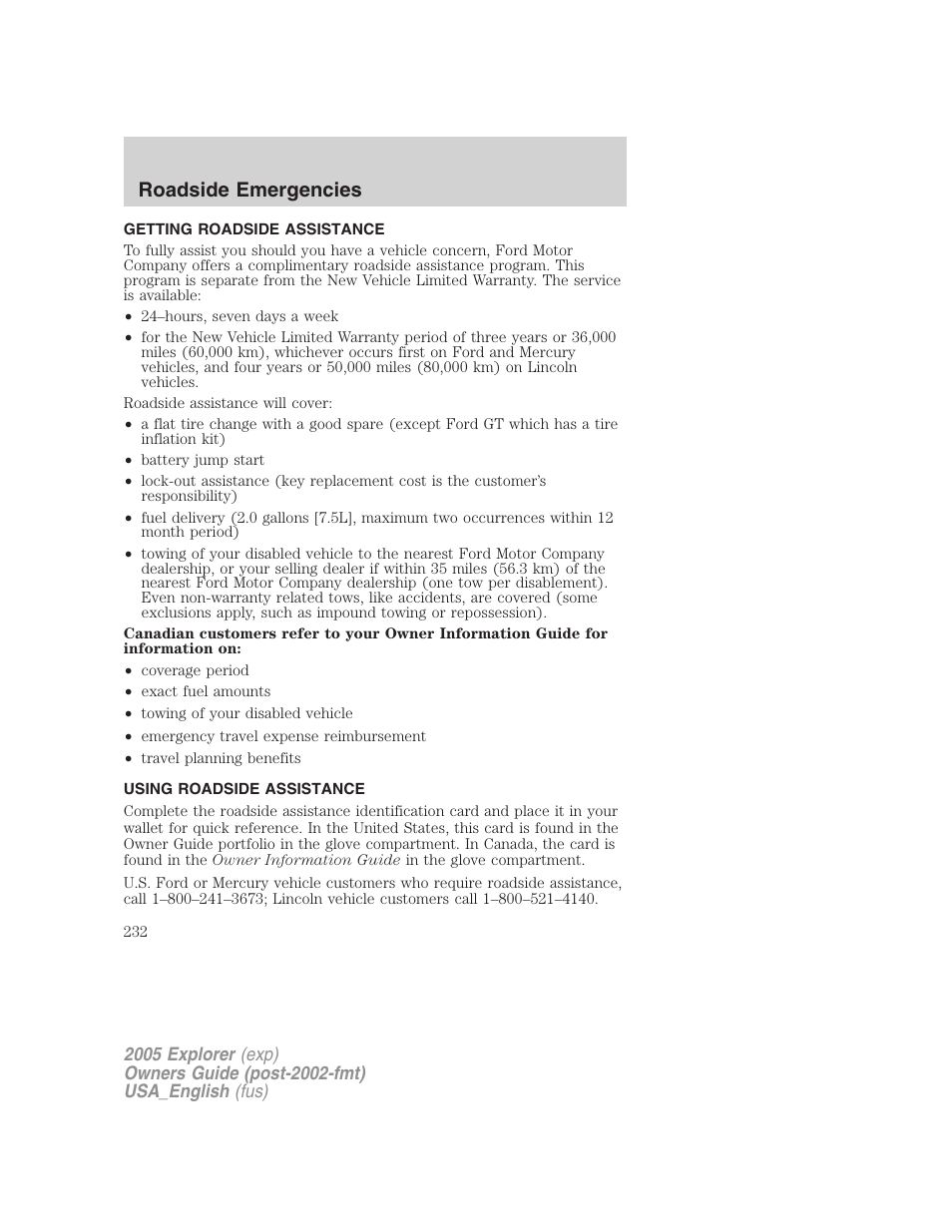 Roadside emergencies | FORD 2005 Explorer v.2 User Manual | Page 232 / 320