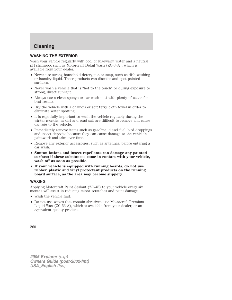 Cleaning | FORD 2005 Explorer v.2 User Manual | Page 260 / 320
