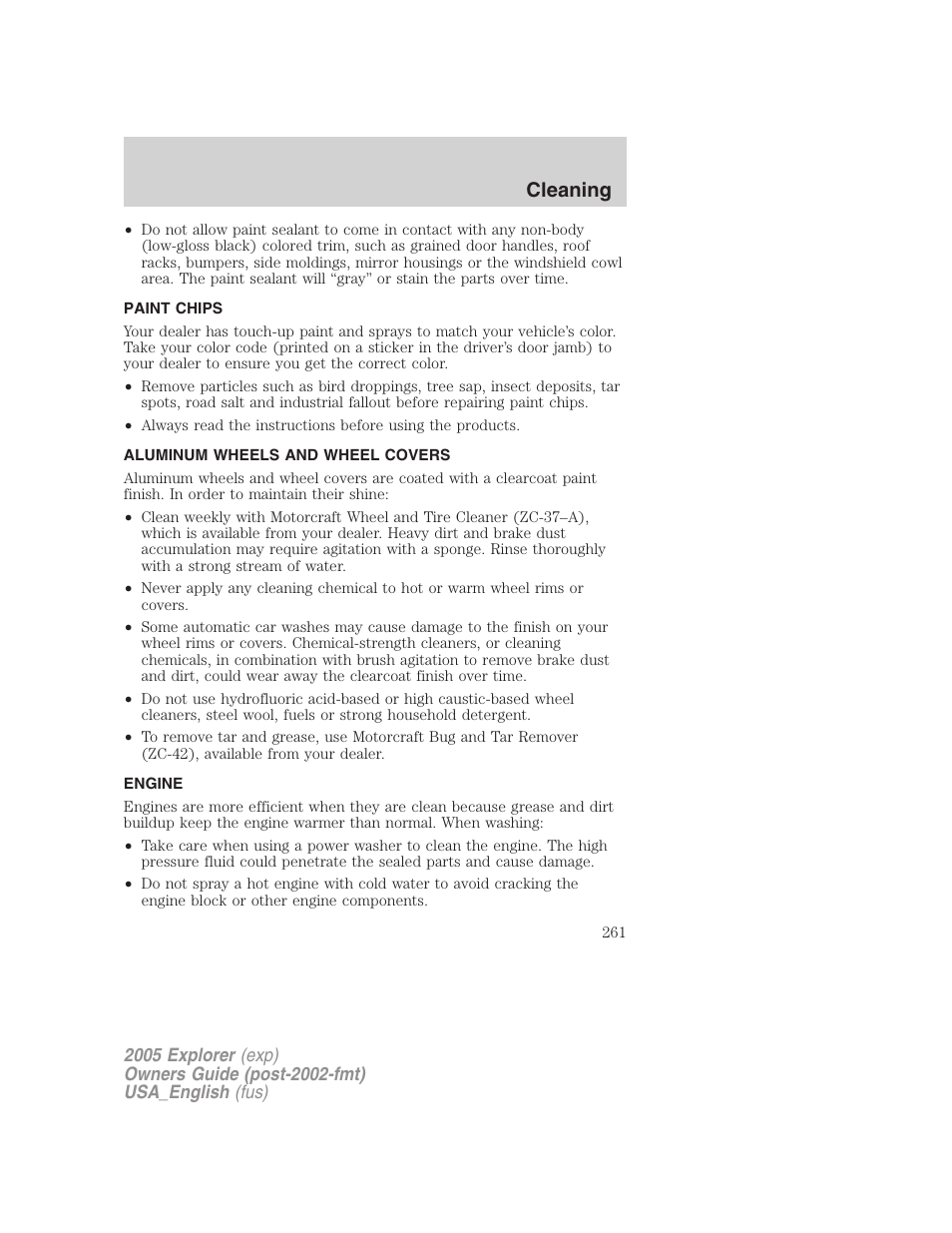 Cleaning | FORD 2005 Explorer v.2 User Manual | Page 261 / 320