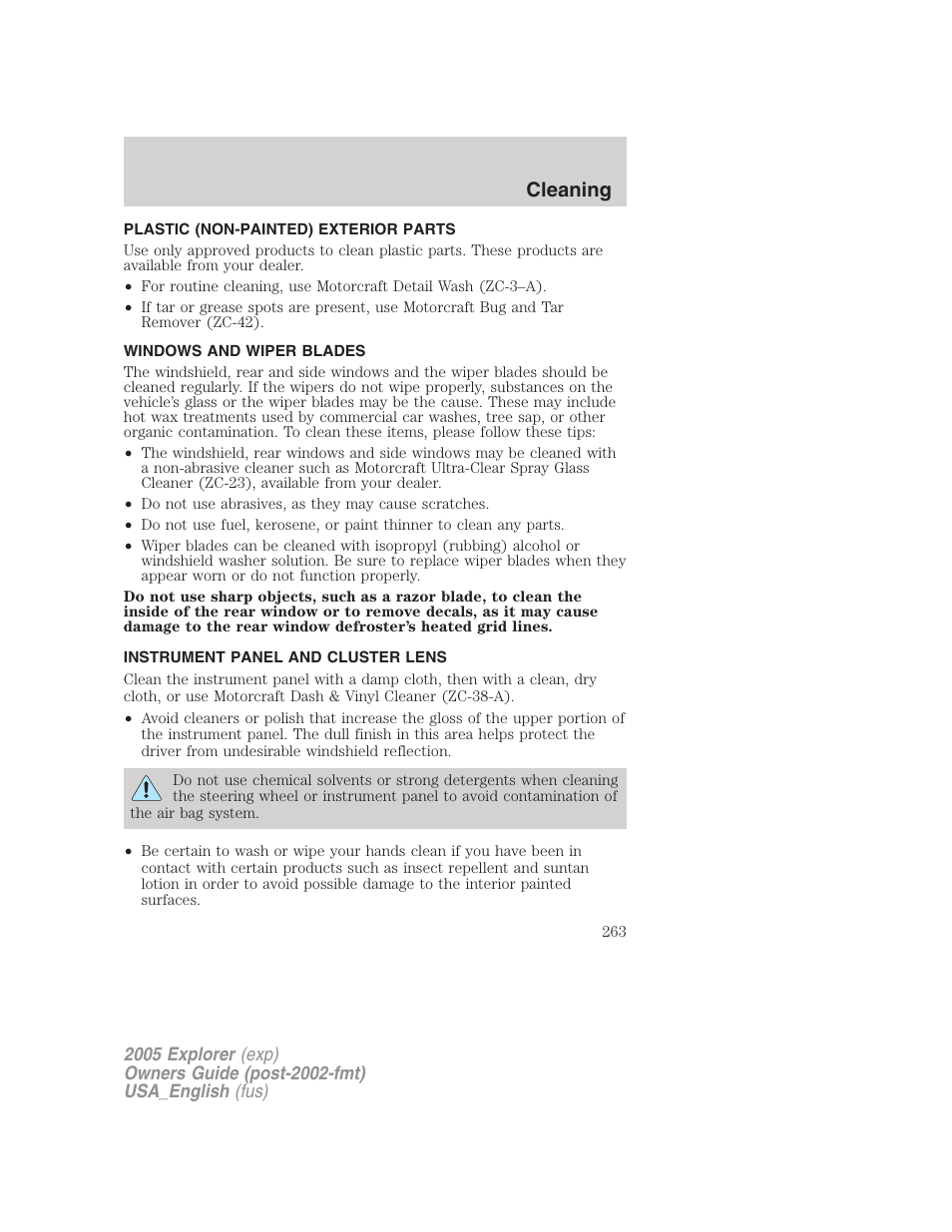 Cleaning | FORD 2005 Explorer v.2 User Manual | Page 263 / 320